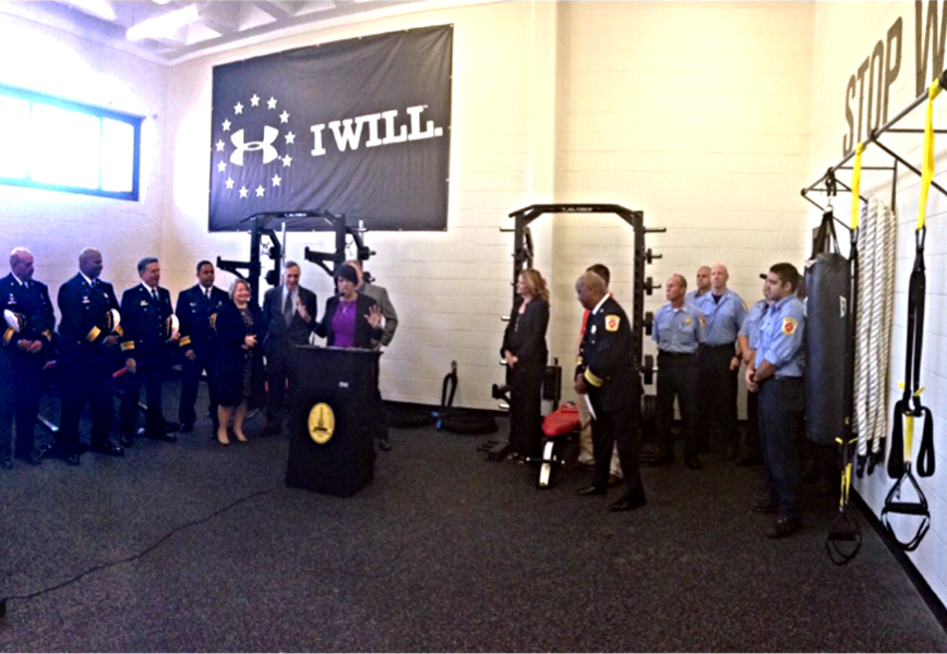 IMAGE: Mayor Rawlings-Blake and Fire Chief Ford reveal newly renovated firehouse gym facilities